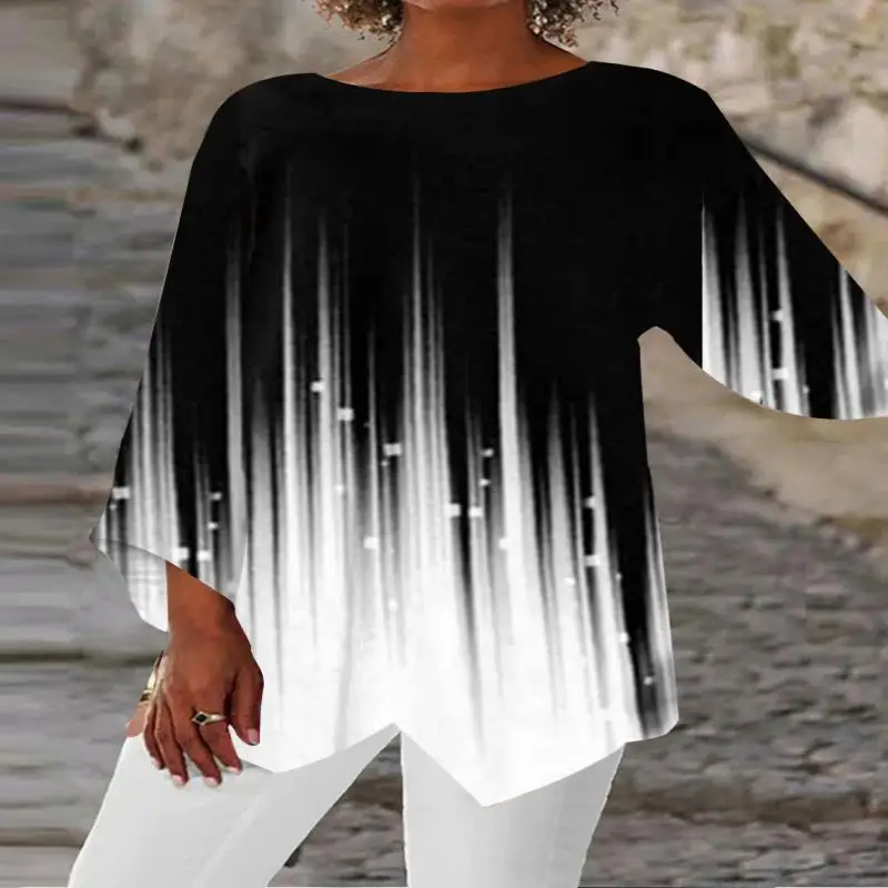 

Plus Size Women Asymmetrical 3/4 Sleeve Scoop Neck Printed Gradient Tops
