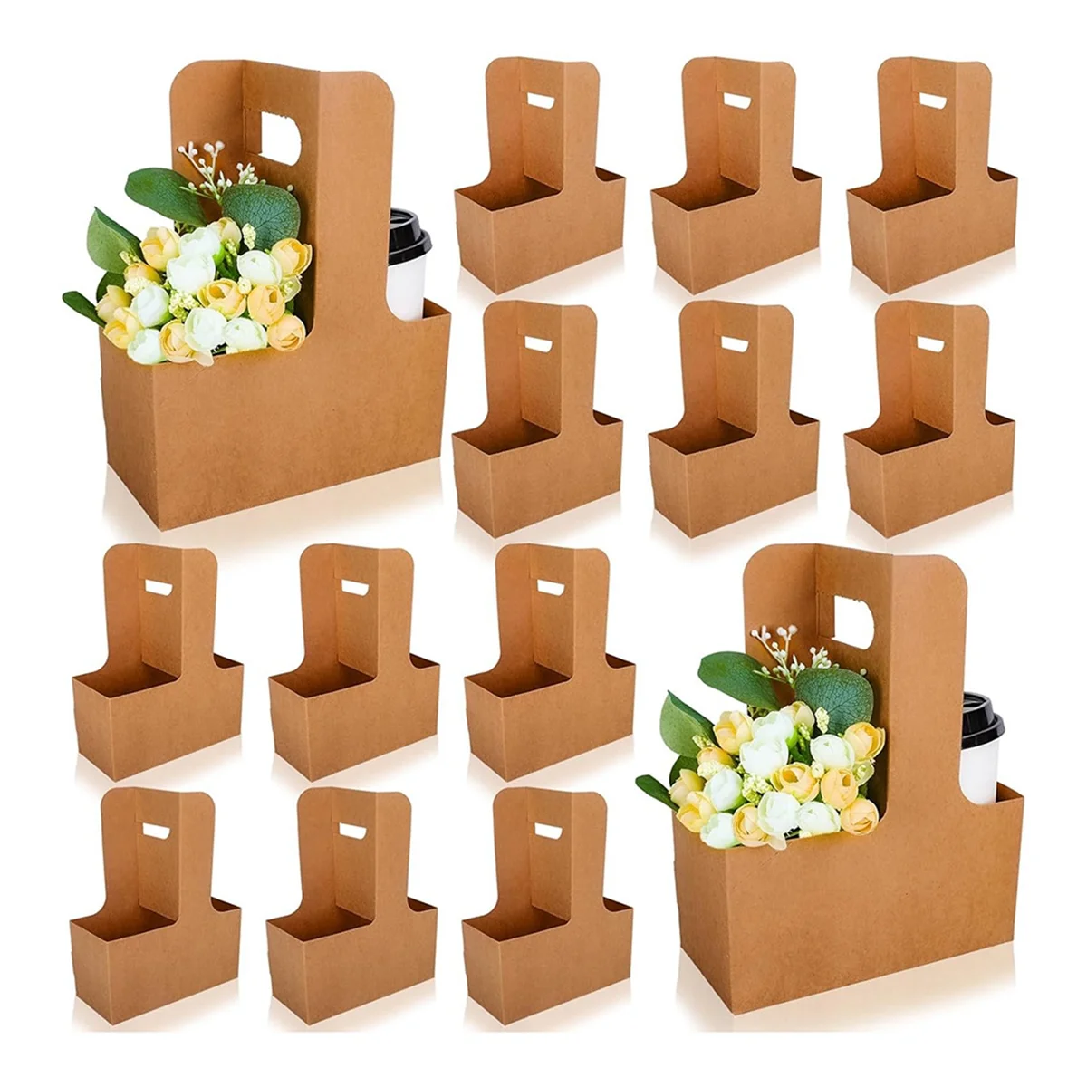 Kraft Flower Gift Bags 25Pcs Drink Carrier with Handle to 2 Cup Rectangle Floral Wrap Packing Box Kraft Flower Holder
