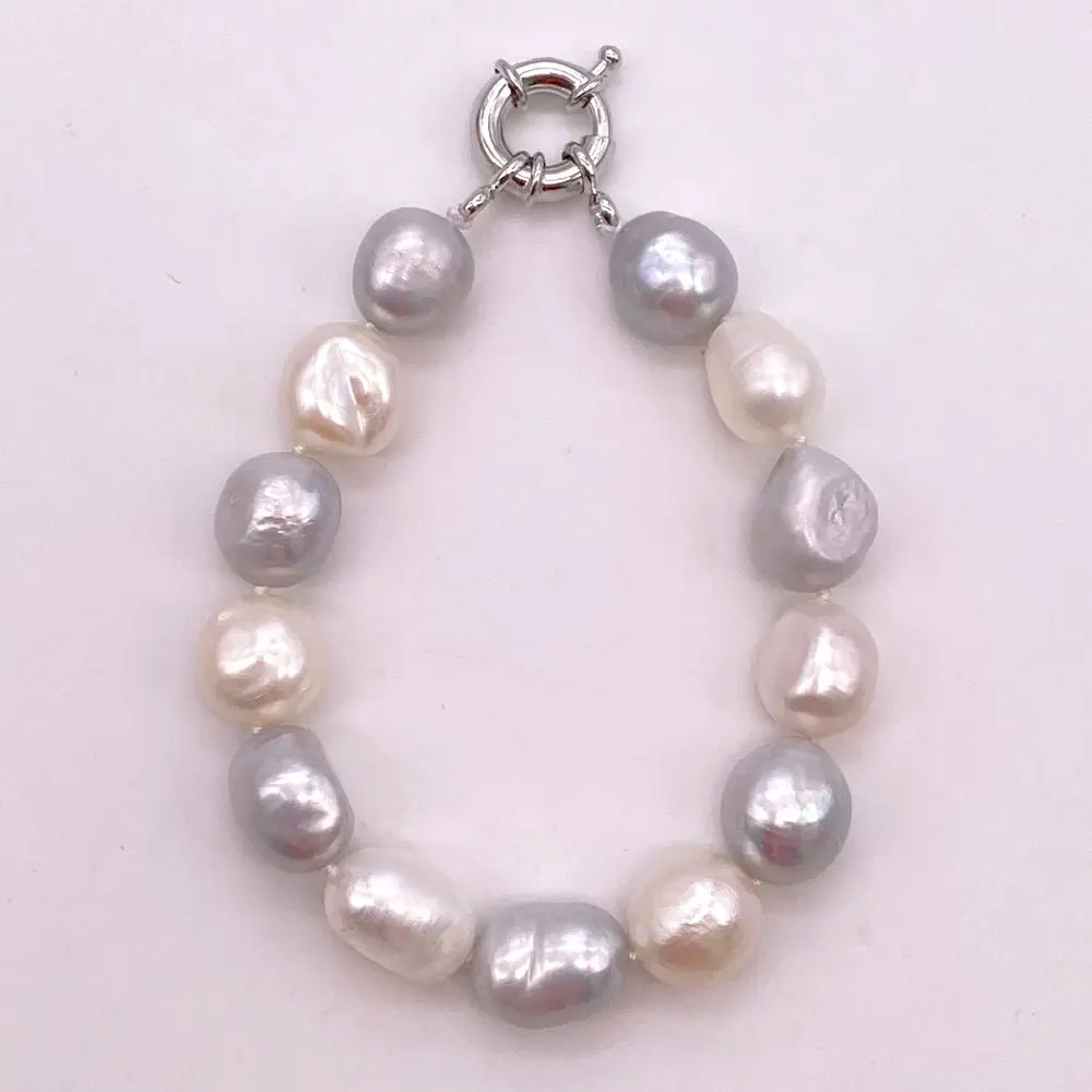 11mm Semi Baroque Irregular Bracelet Bangle White Grey Mixed Color Natural Freshwater Pearls Summer And Simple 6