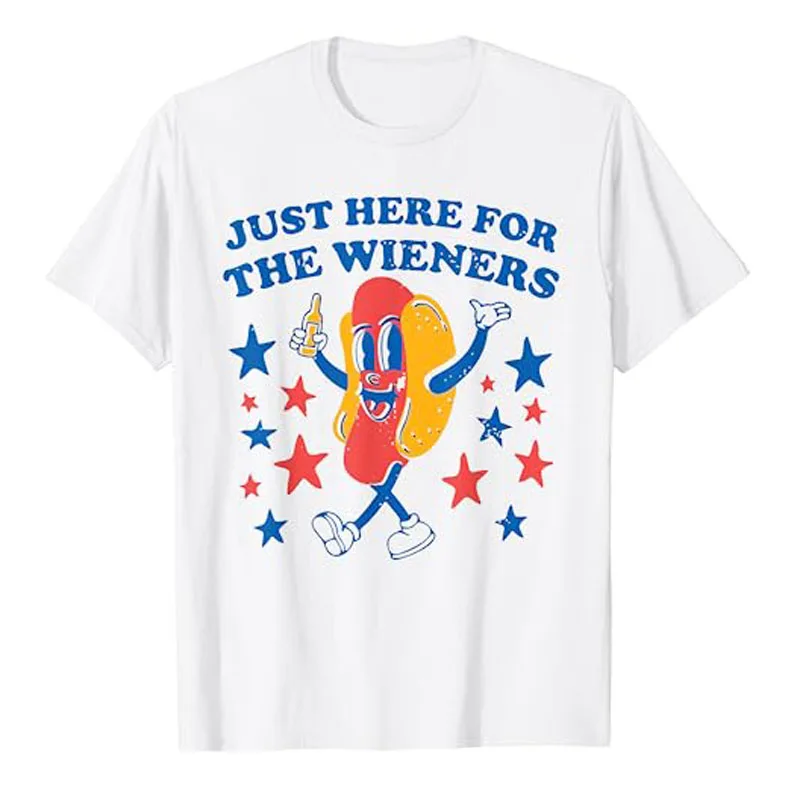 

Hot Dog I'm Just Here for The Wieners 4Th of July T-Shirt Hotdogs Fast Food Lover Graphic Tee Tops Humor Funny Americans Clothes