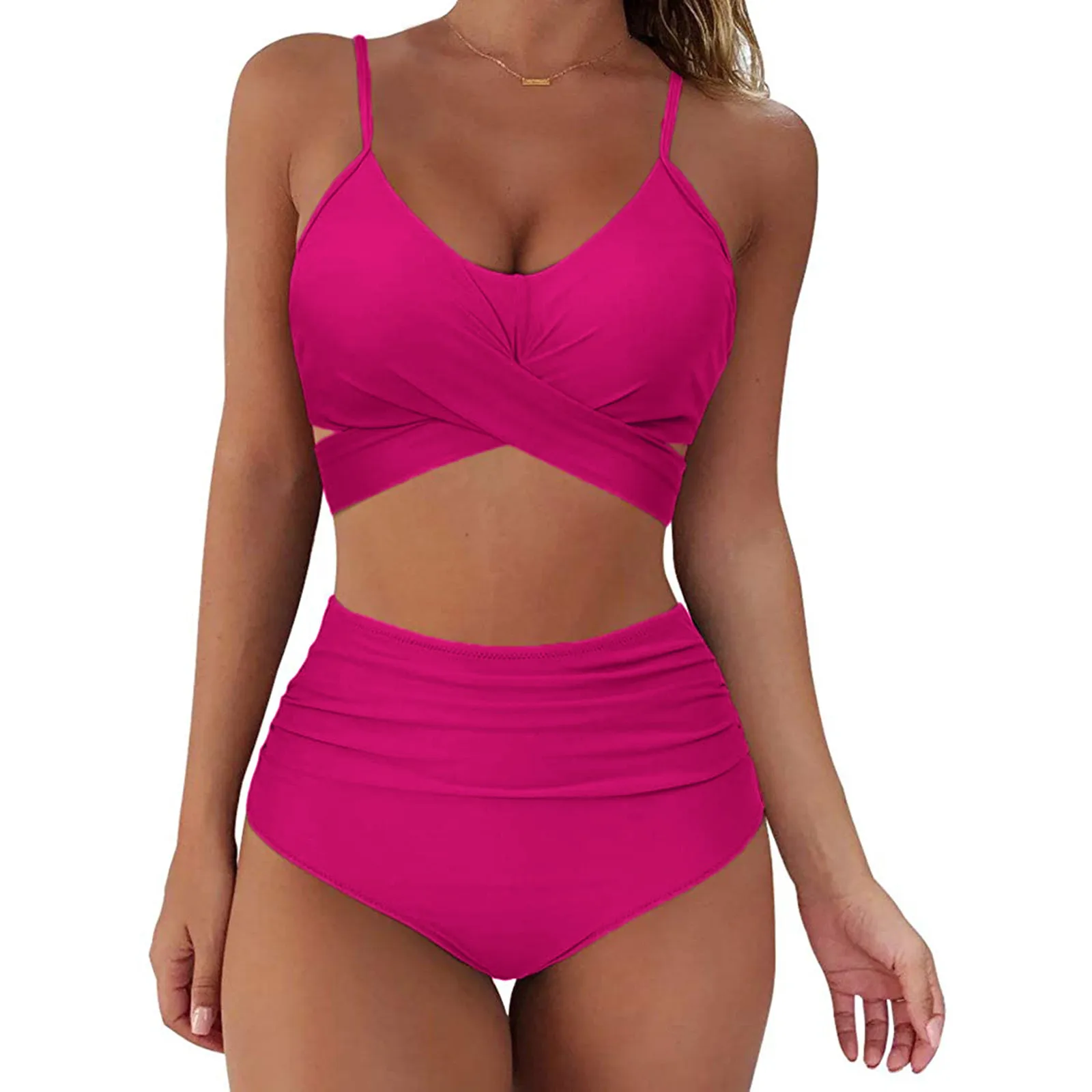 Fashion Women Sexy Solid Print High Waist Bikini Set