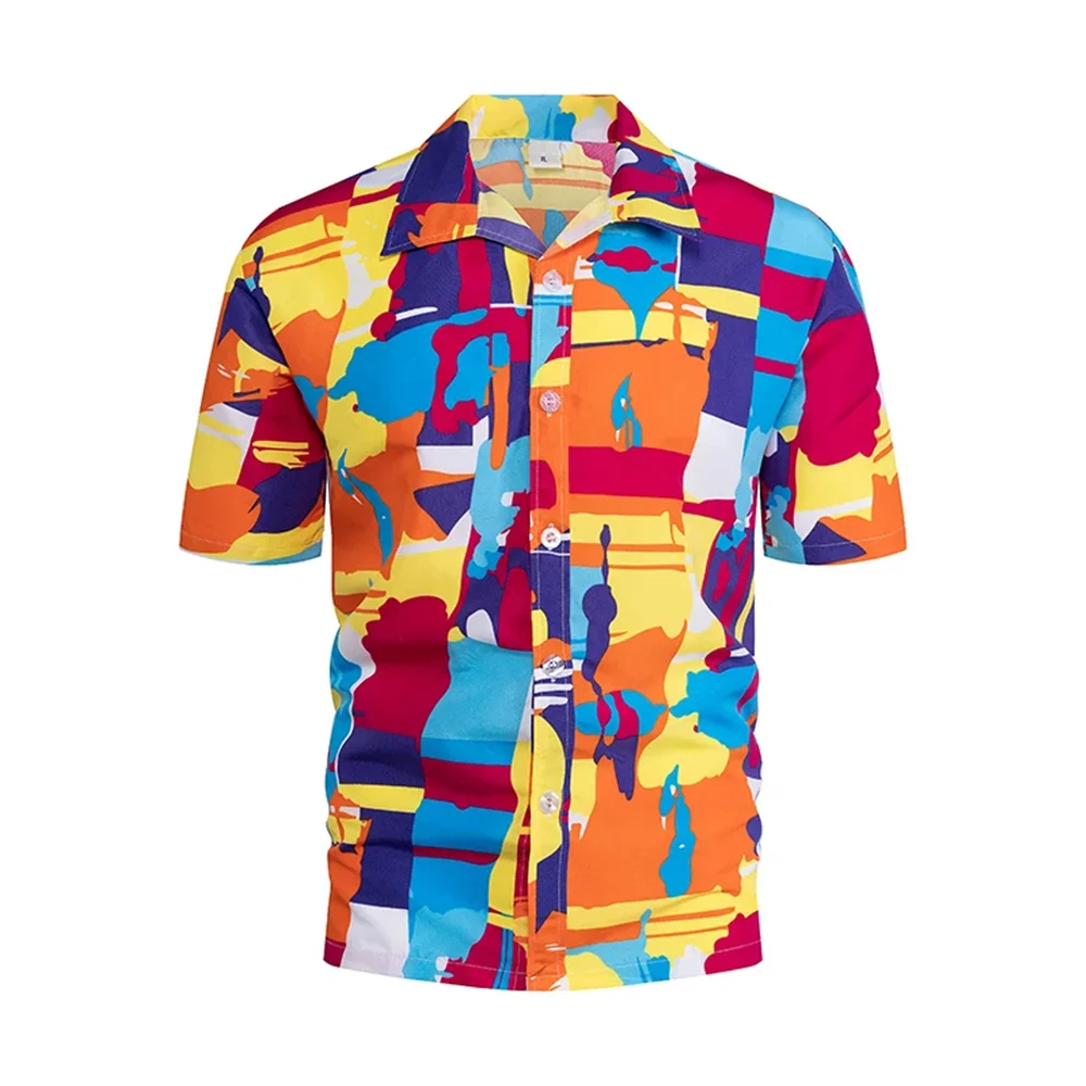 Summer Breathable Hawaiian Shirts Men Coconut Tree Printed Short Sleeve Button Down Vacation Plus Size