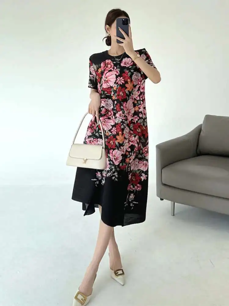 LANMREM Pleated Printting Blue Women's Dress Loose Casual Short Sleeve Elastic Summer Dresses 2025 New Chic Clothing 2DB3513 - Image 3