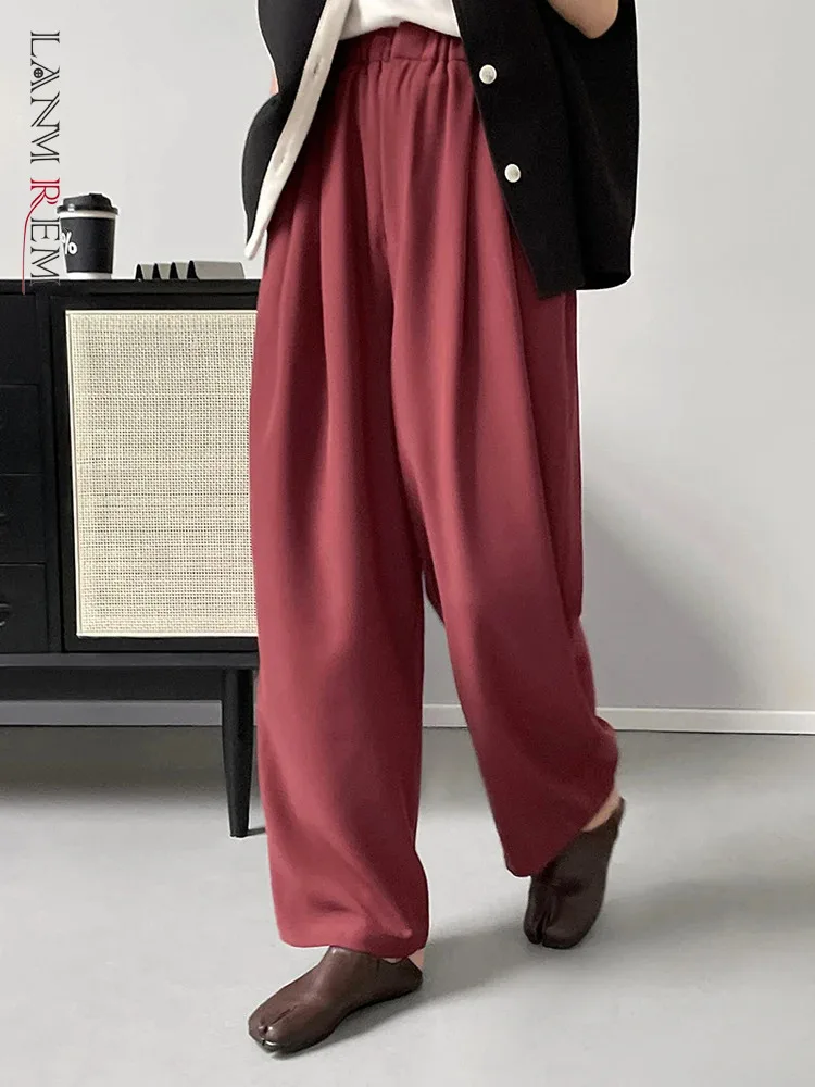 

[LANMREM] High Waist Pleasted Pants For Women Office Lady Wide Leg Red Trousers Minimalism Clothing 2024 Summer New 26D8809