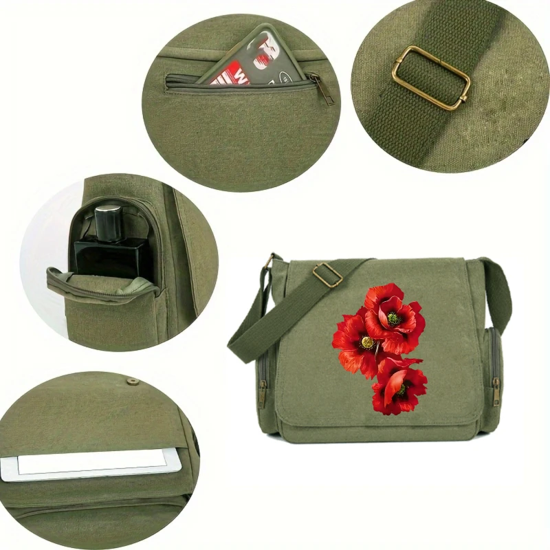 Vintage Women's Shoulder Bag Crossbody Bag Messenger Bag Canvas Poppy Floral Print Large Capacity Diaper Bags For Women