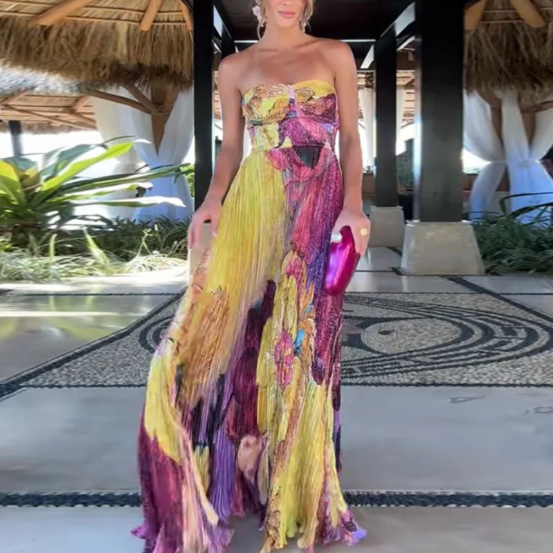 Robe de soirée sexy 2025 pour femme, à bretelles, taille haute, élégante, plissée avec imprimé