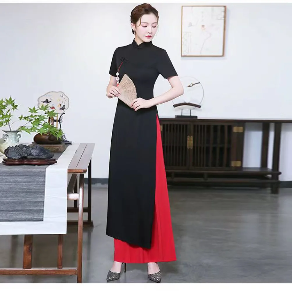 Plus Size 5XL Ao Dai Modern Clothing Black and Red Vietnamese