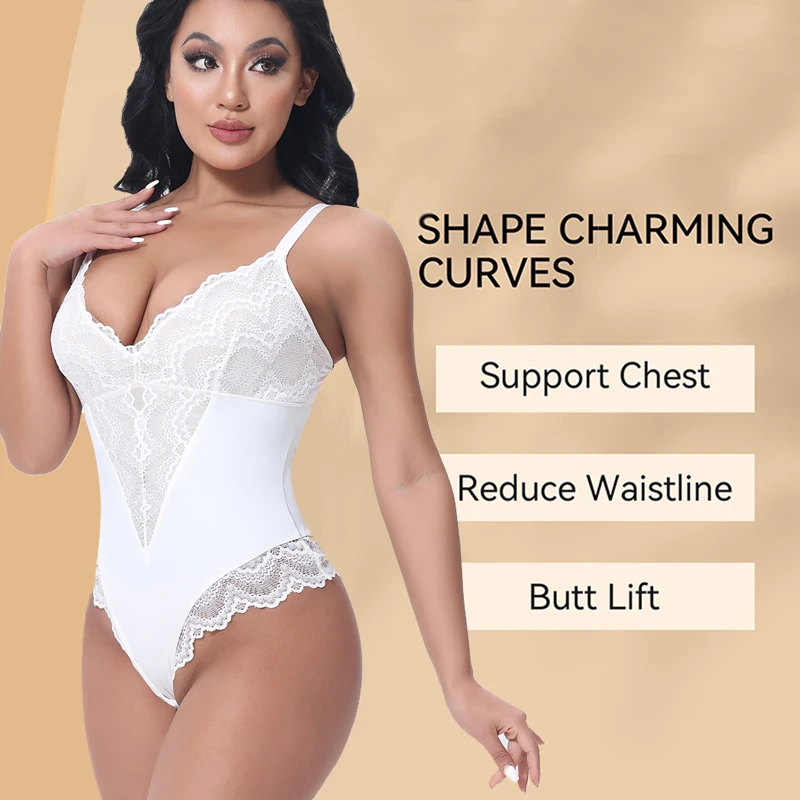 Lace Shapewear Bodysuit For Women Tummy Control Sleeveless V-neck