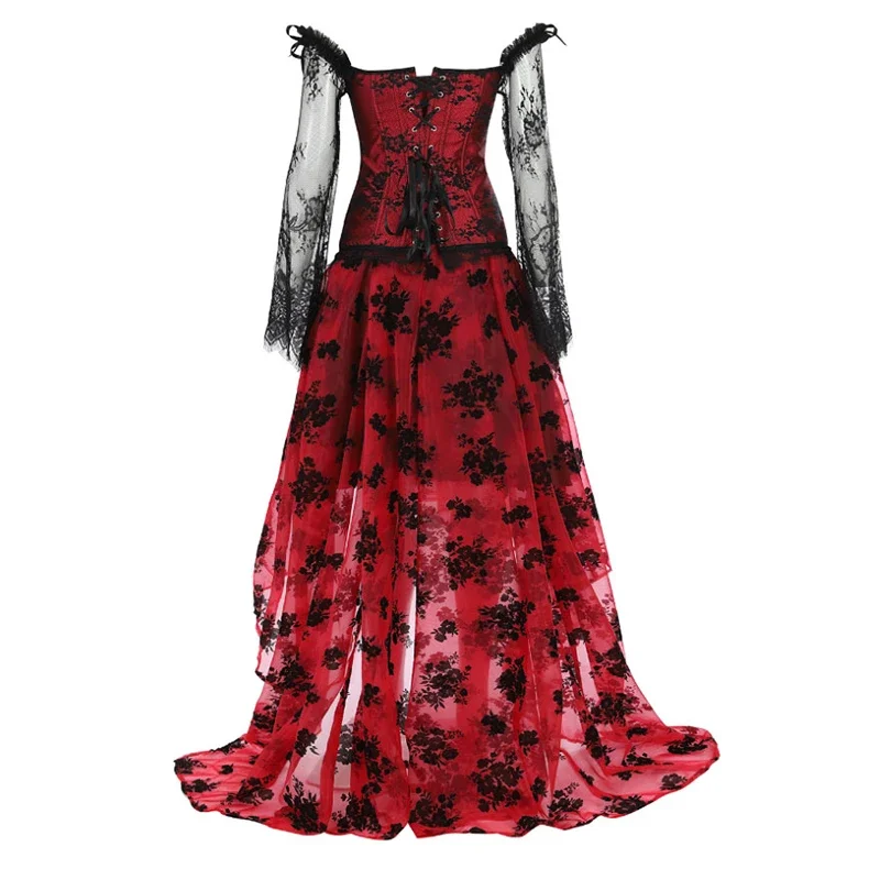 Sexy Lace Skirt Set corsets dress Women's Sexy Jacquard Lace Up Overbust Bustiers Dress Gothic Body Shaper