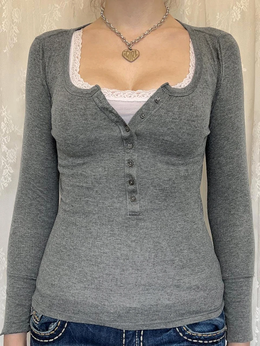 

Thorn Tree Women Vintage Autumn Fairycore Y2K T-shirts Tops Tees Solid Button O-neck Long Sleeve Skinny Aesthetic Tops 2023 New