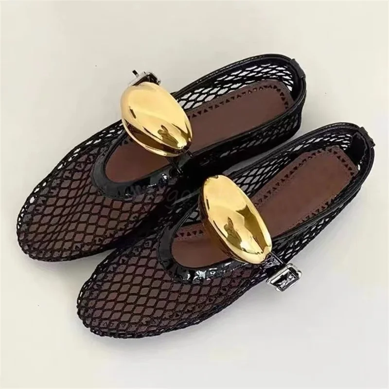 Round Toe Fish Mesh Hollowed Out Ballet Shoes for Women's Summer New Flat Bottomed Belt Buckle Single Shoes Brand Design