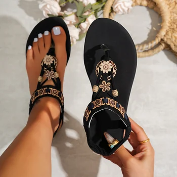Women's fashionable round toe clip toe bohemian style one-piece elastic flat sandals 1