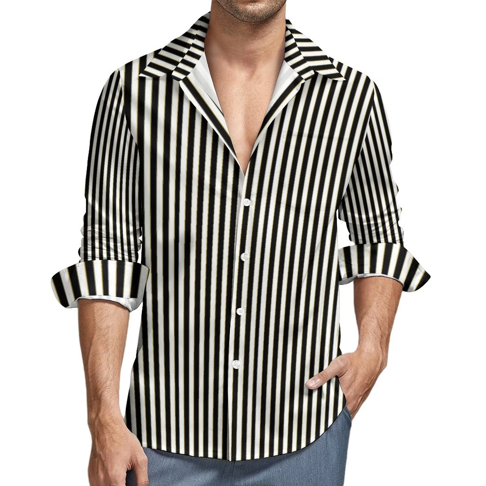 Cuarto simpatía Ocurrir Camisa de rayas verticales para hombre, camisas informales de líneas  blancas y negras, blusas estampadas con estilo de primavera, ropa de manga  larga de gran tamaño| | - AliExpress