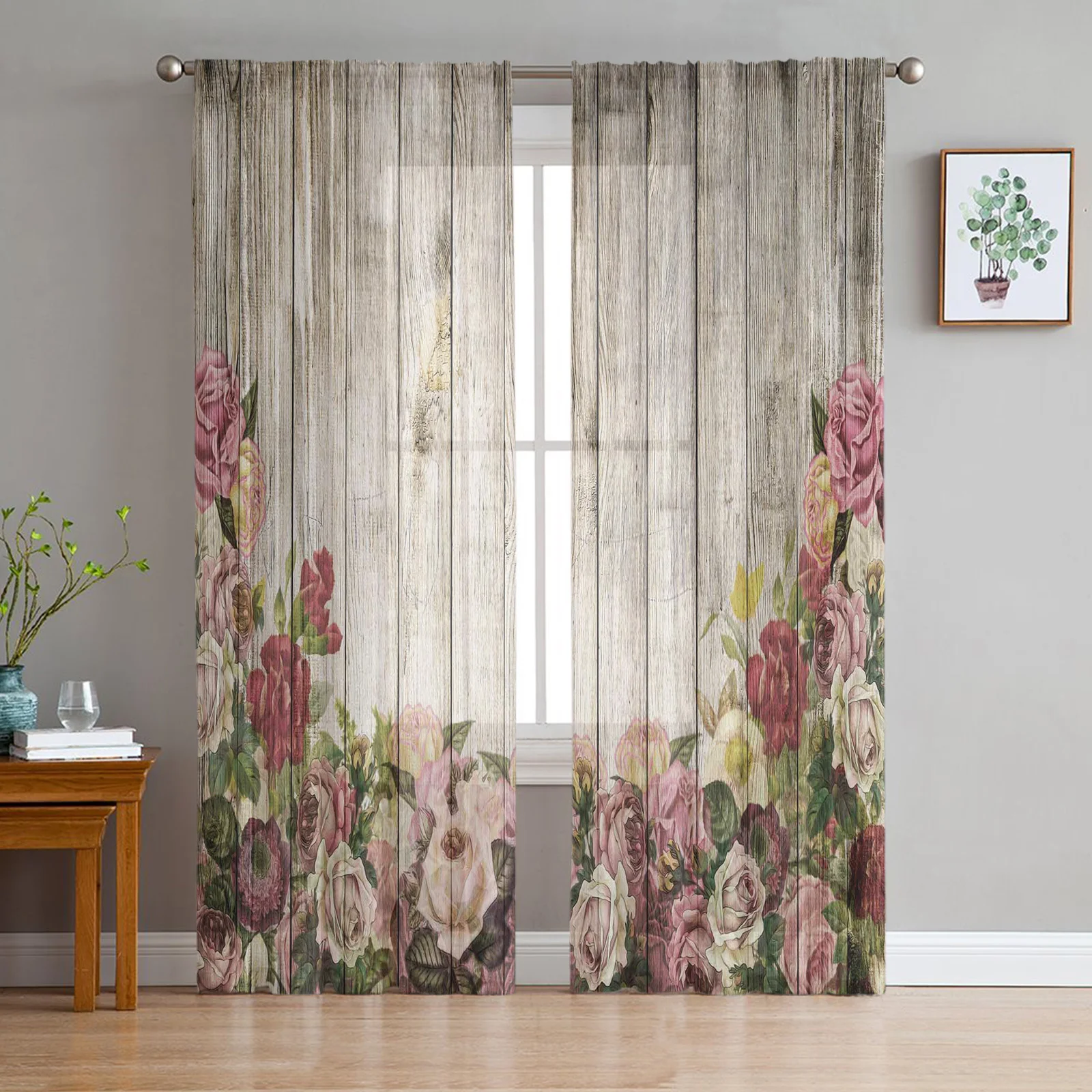 

Wood Grain Flower Retro Tulle Curtains For Living Room Bedroom Kitchen Decoration Chiffon Window Treatments Voile Sheer Curtain