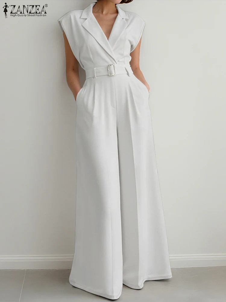 ZANZEA Women Summer Work OL Jumpsuits Fashion Overalls Pant Elegant Lapel Neck Sleeveless Rompers Solid Loose Wide Leg Trousers 3