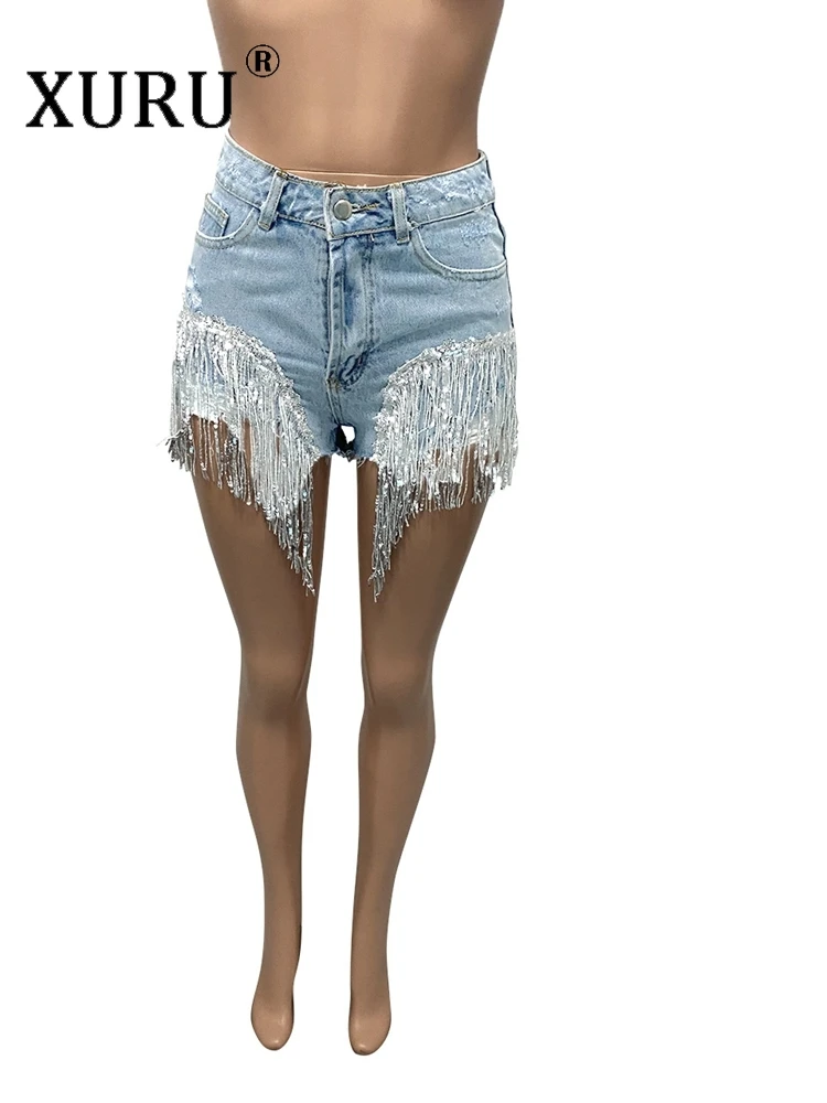 QILI-Denim Shorts with Bright Rhinestone Fringe for Women, High Waist Booty Shorts, Sexy Club Short Jeans Bottoms, Summer 2024
