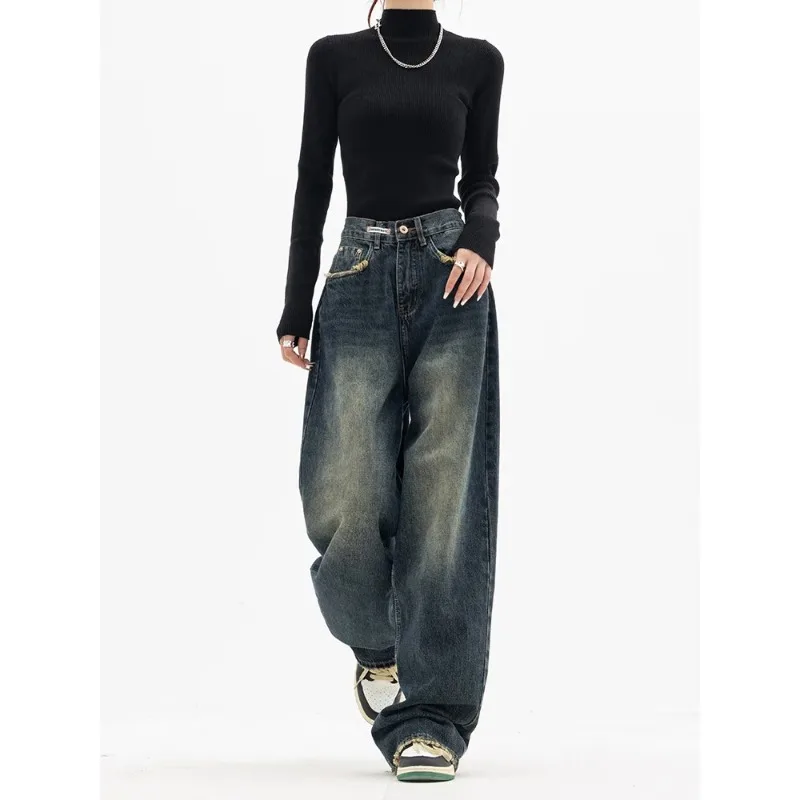 

Y2K Women Vintage Streetwear Korean Baggy Blue Jeans High Waist Straight Wide Leg Pants Denim Trousers Fairy Grunge Alt Clothes
