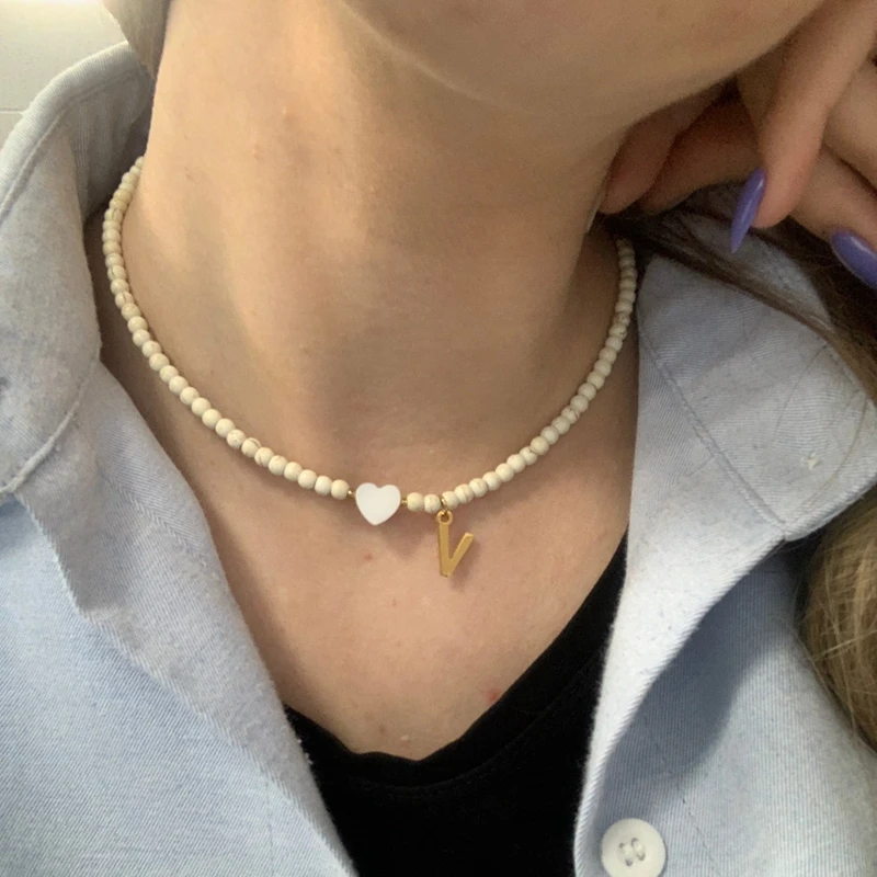 

TAUAM Beads Initial Shell Heart Choker for Women Stainless Steel Letter Pendant Necklace Fashion Jewelry Boho Accessories