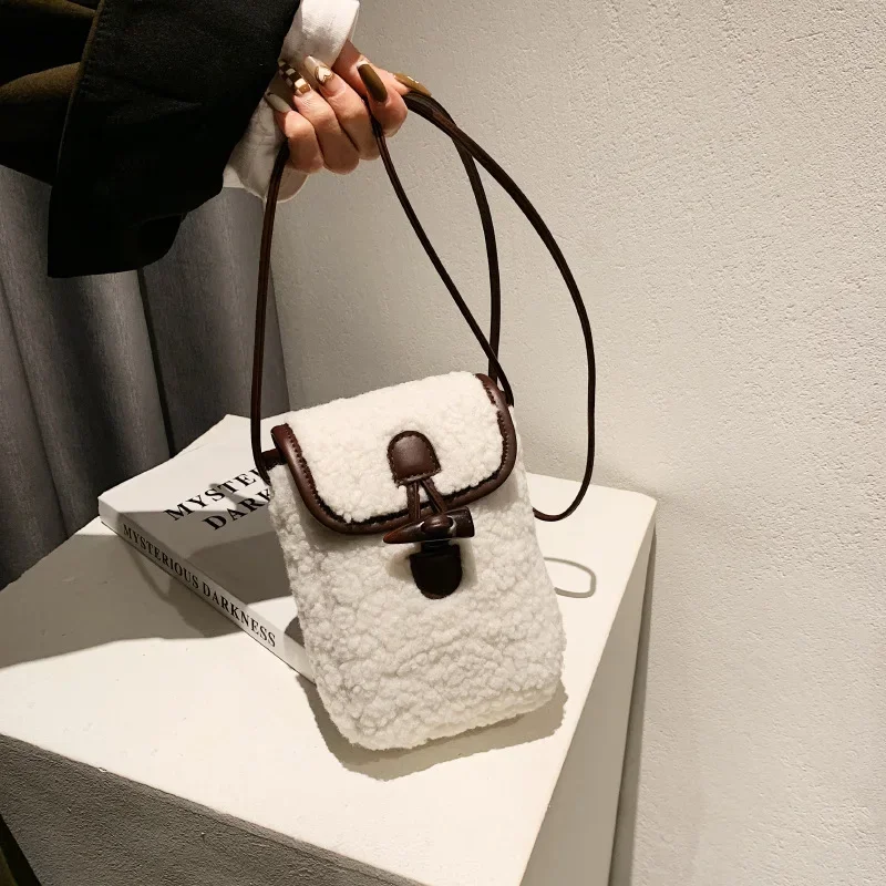 

bag mobile phone bag contrast color simple western-style shoulder slung bag women's autumn and winter retro sheep plush bag.