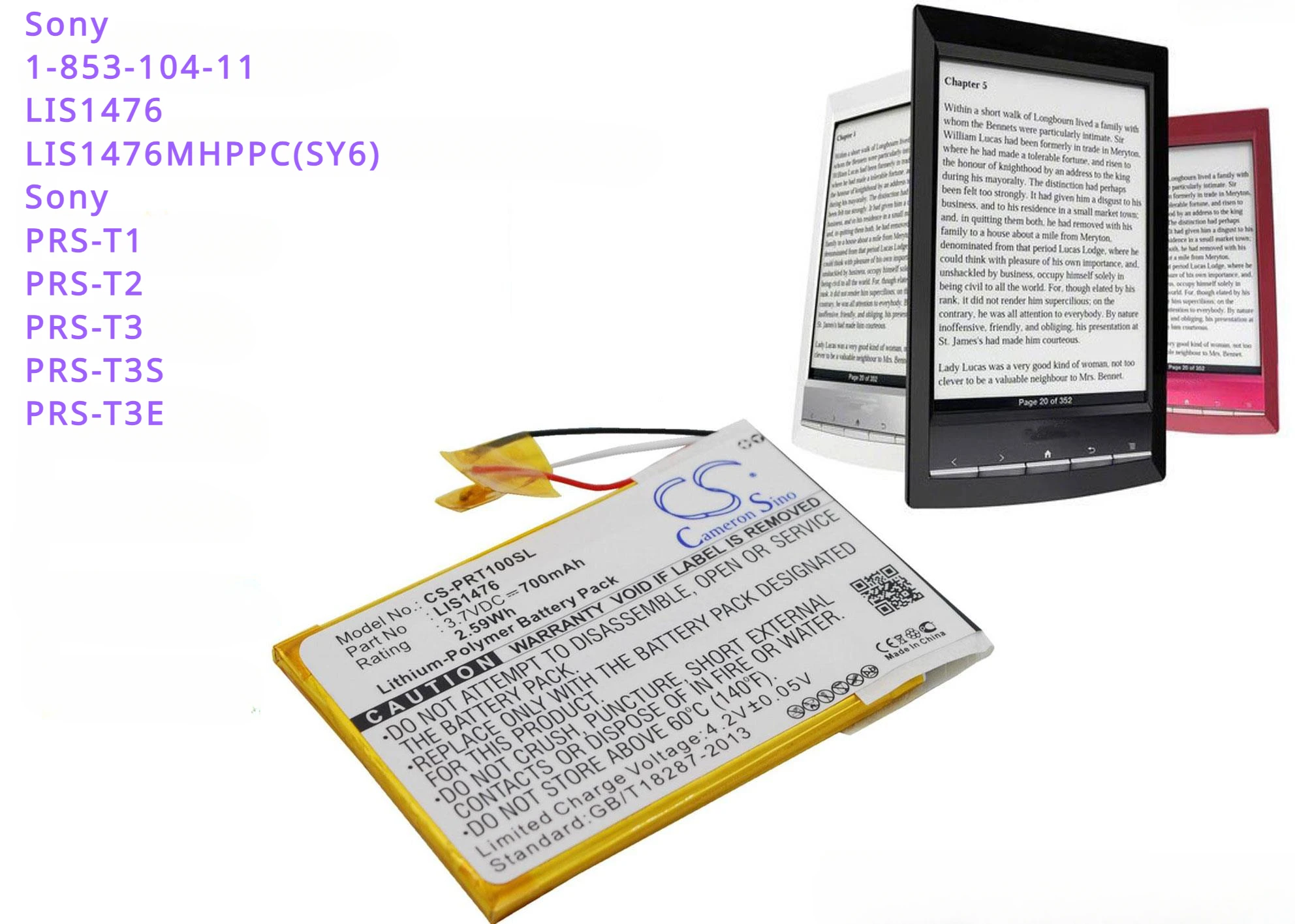 Batteria 700Mah 1-853-104-11, Lis1476, Muslimate (Sy6) Per Sony Prs-T1, Prs-T2, Prs-T3, Prs-T3E, Prs-T3S