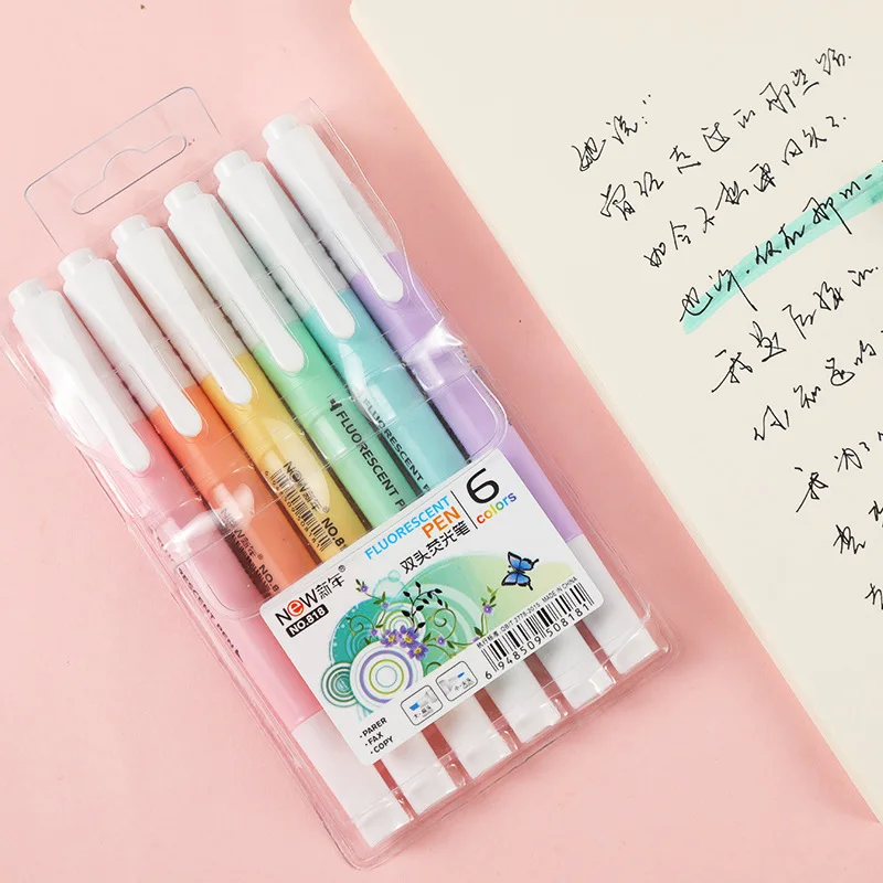 Double Head Fluorescent Highlighter Pen Markers Pastel Drawing Pen for Student School Office Supplies 6Pcs/Set highlighter pen