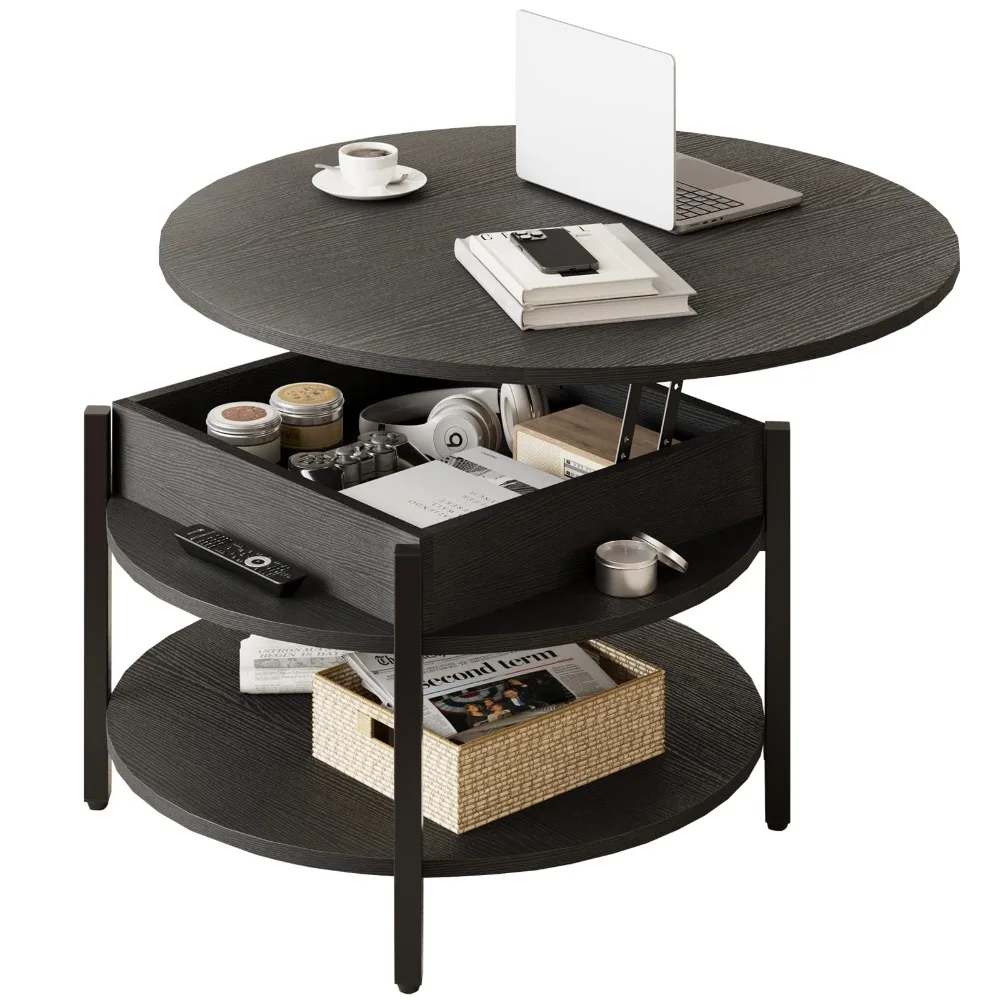 

2024 New 35.43'' Round Coffee Table with Storage and Hidden Compartment, 2 Tier Large Farmhouse Coffee Table Round Dining Table