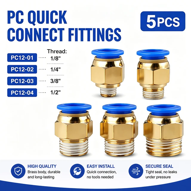 5PCS Quick Connect Air Fittings PC Series -12mm Hose to M5 1/8" 1/4" 3/8" 1/2" Thread Pneumatic Push in Connector for Compressor 1