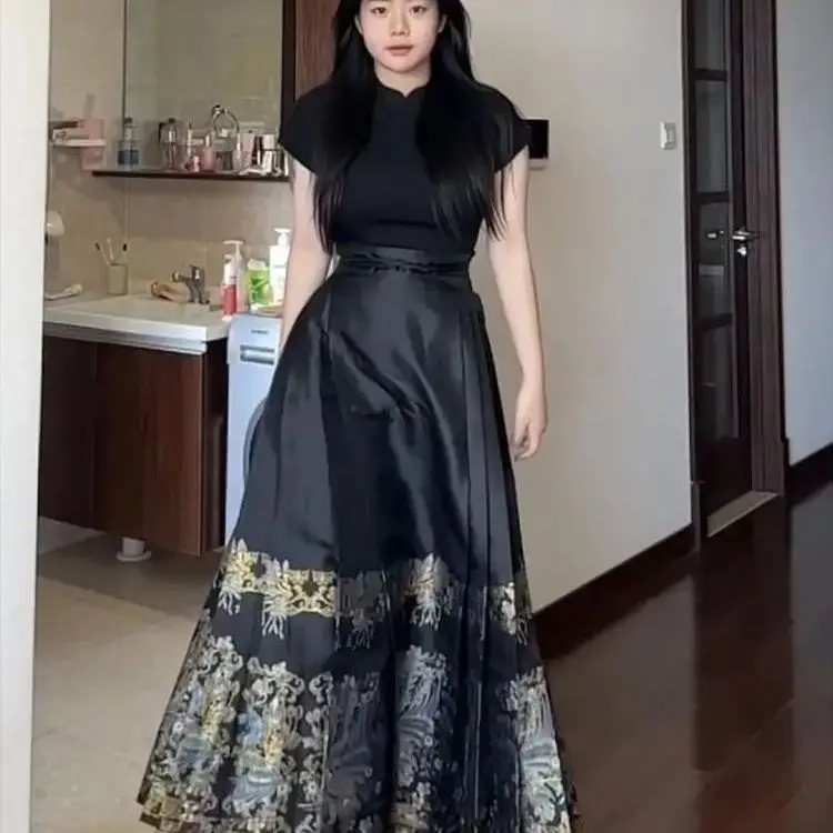 

Yourqipao Chinese Traditional Pleated Skirt For Women Black Horse Face Hanfu Fashion All-match DIY Lace-up Long Skirts Womenwear