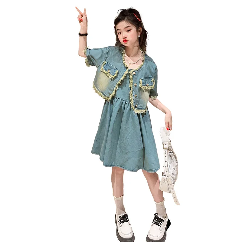 

Комплект летней одежды для девочек-подростков, винтажная джинсовая куртка с коротким рукавом и платье на бретельках, детская одежда из 2 предметов, детский наряд