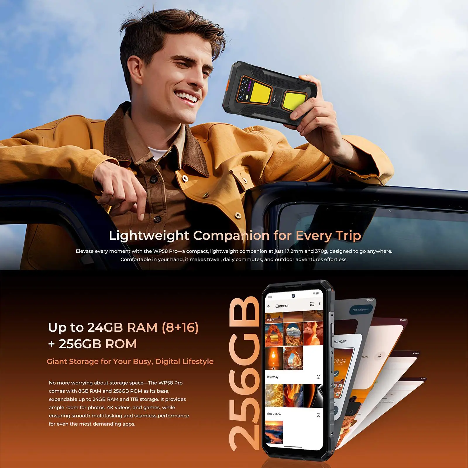 OUKITEL WP58 PRO 5G Rugged Phone 8GB+512GB 6.7'' Display 10000mAh 33W Android 15 NFC Cellphone UMS9621S Octa Core Camping Lamp