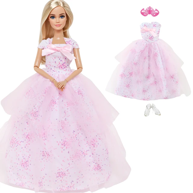 Barbie Roupas e Acessórios Vestido Rosa Babados Colar Sapatos HJT20 Mattel