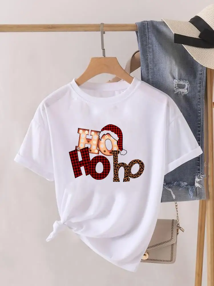 

Plaid Letter Love Trend Christmas Clothing Lady New Year Short Sleeve Print Fashion Women Shirt Tee Top Clothes Graphic T-shirt