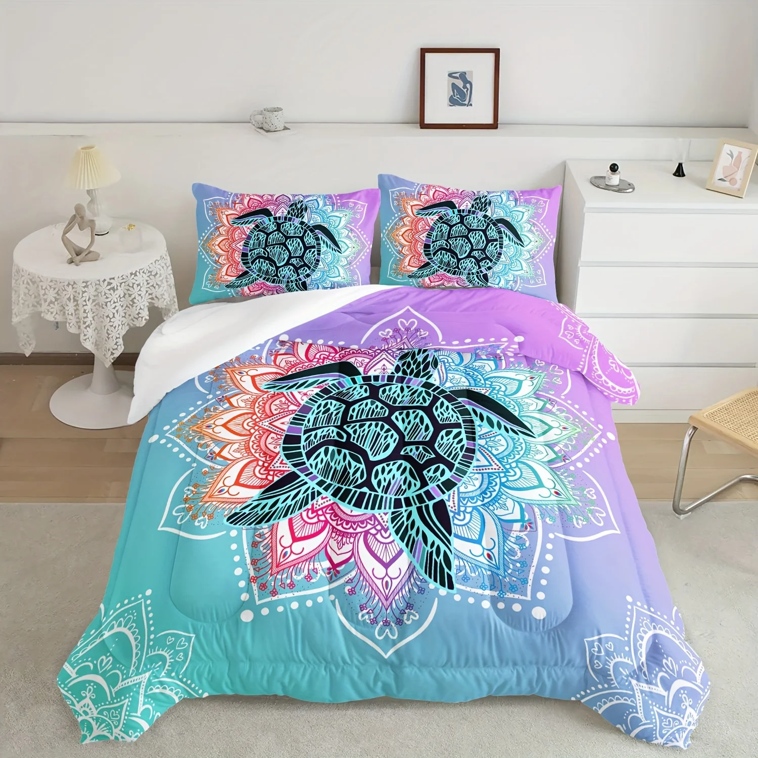 

3pcs Modern Fashion Polyester Comforter Set (1*Comforter + 2*Pillowcase, Without Core), Mandala Colorful Turtle Print Bedding Se