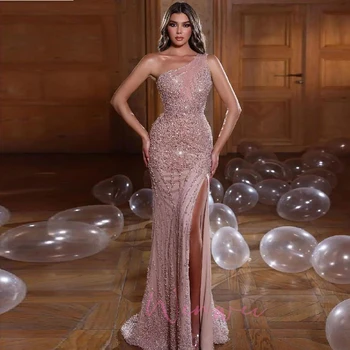 Beautiful One Shoulder Sleeveless Beading Split Front Mermaid Prom Dress