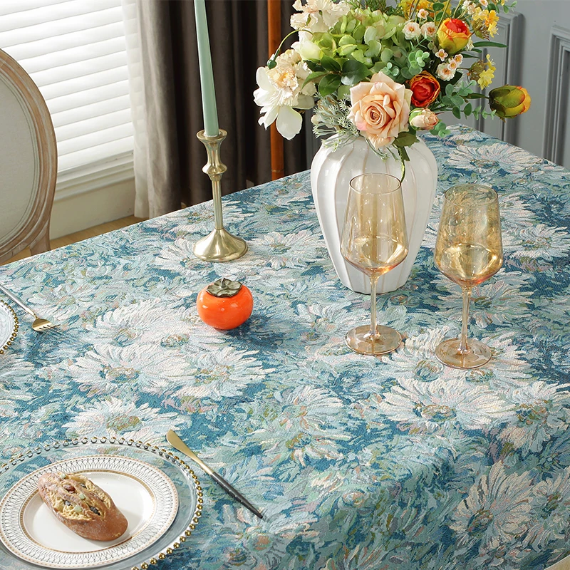 

Floral Textured Jacquard Table Cloth Luxury Rectangular Tablecloth with Tassels for Dining Table Home Decor Abstract Blue Flower
