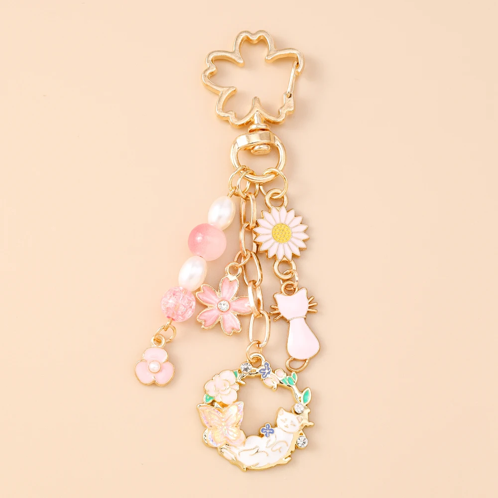 Aihua Niedlicher Blau-Rosa Blumen-Kaninchen-Katzen-Schlüsselanhänger für Frauen und Mädchen, Blumen-Tier-Schlüsselring-Anhänger, Handtaschen-Charms, Schmuckgeschenke – Detail 5