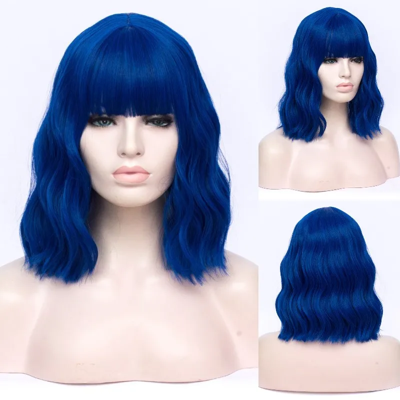 

Short Bobo Wavy Cosplay Wigs for Women Purple Red Green Natural Bob Synthetic Wig Brown Blue Black with Bang for Girl