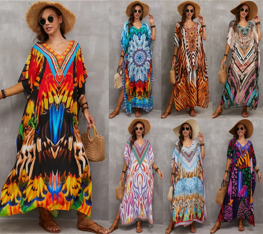 18 Styles Boho Printed Long Kaftan Women Summer Clothes Sexy Short Sleeve Maxi Dress Beach Wear Swim Suit Bikini Cover Up