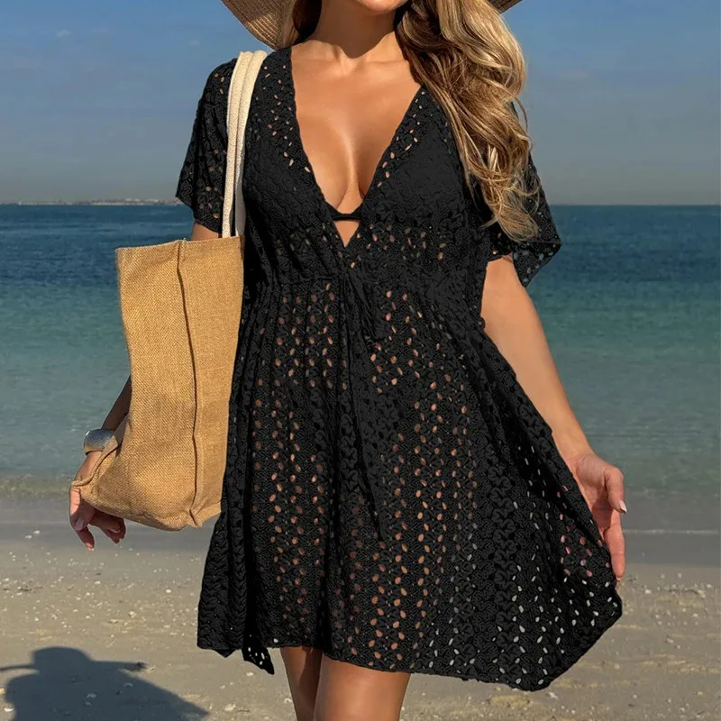 New Style Hollow Out Knitted Bikini Cover Up Women's Beach Vacation Sun Bathing Sunscreen Dress Fashion Casual Strap Dress 1
