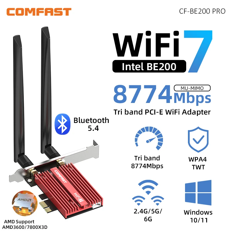 Placa de Rede Gigabit Pcie para Desktop Linux Adaptador Wi-fi Placa sem Fio Wpa4 802.11be 8774m Wi-fi Pci Express 5.4 Linux