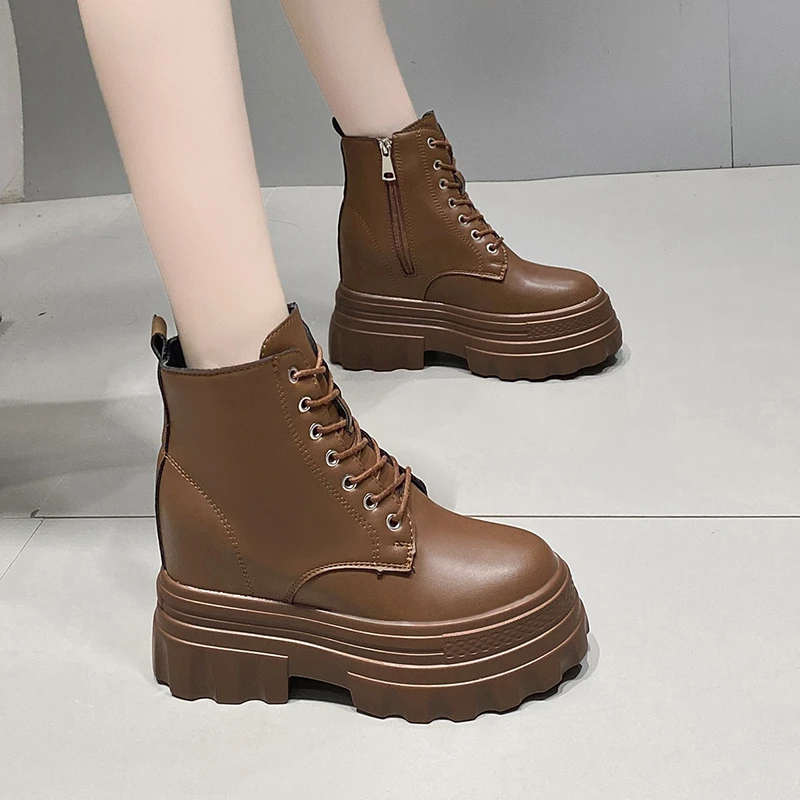 

Ankle Boots For Women New 2023 Winter Motorcycle Boots 11CM Wedge Heels High Platform Leather Shoes Woman Autumn Thick Sole Boot