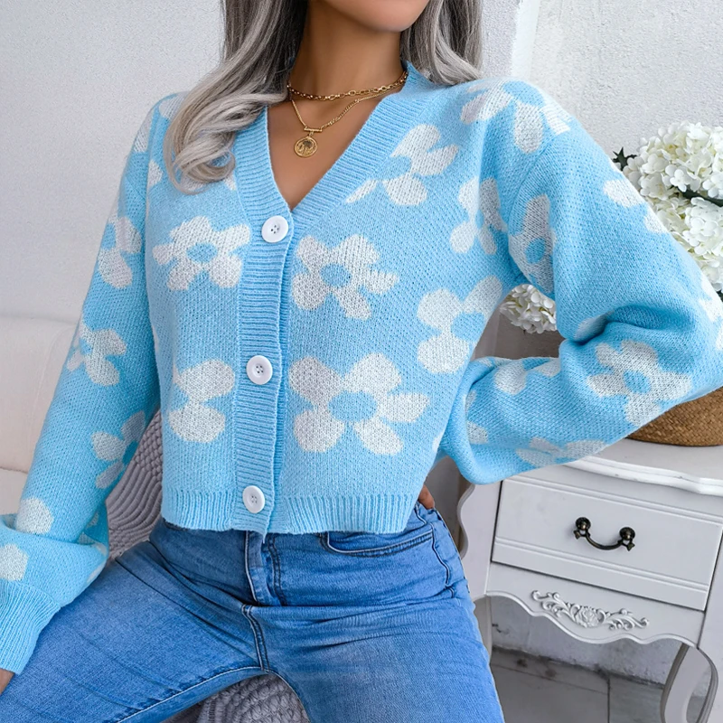 

Fashion Flower Print Knitted Cardigan Sweater Women Autumn Winter Casual Loose Long Sleeve Cropped Cardigans Short Coat 28739