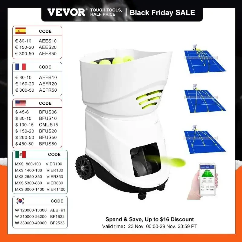 

VEVOR TS-03/06/08 Tennis Automatic Serve Machine trainer Support Portable Machine APP Control Count for Tennis Training