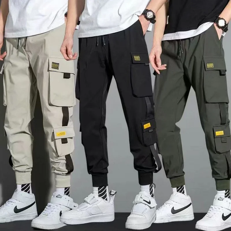 

Thin Streetwear Casual Pants Men Ribbons Harem Jogging Pants Male Slim Fit Spring Cargo Pants Multi-Pockets Women Trouser Jx1