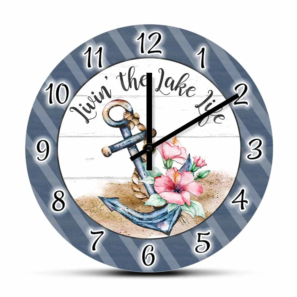 

Living The Lake Life Floral Anchor Exclusive Wall Clock Vintage Lake House Decor Nautical Artwork Wall Watch For Sailor Seaman