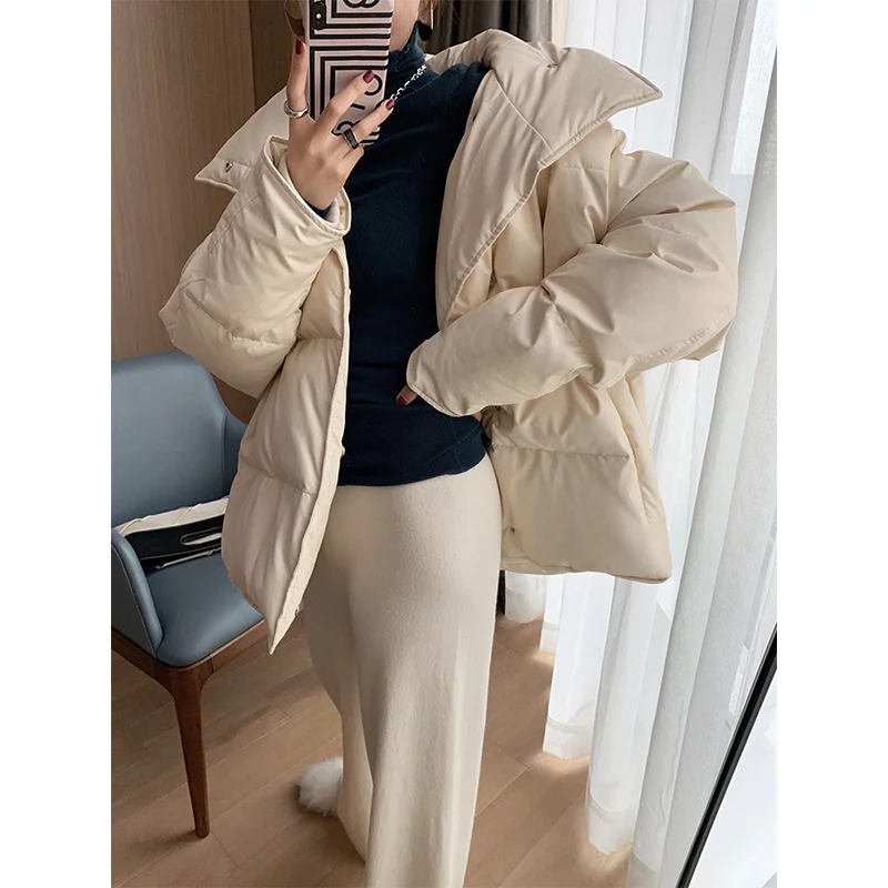 2023 Warm PU Leather White Duck Down Jackets Women Winter Short Bread Coats Loose Tops Commuting Stand Collar Single-breasted