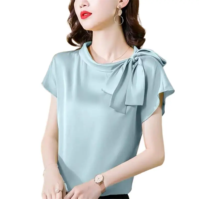 

2022 Women Vintage Chiffon Blouse Summer New Acetate satin Shirt Elegant artificial silk Bow tops office lady wild white Shirts