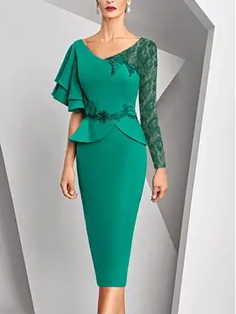 

Navy Blue Mother Of The Bride Dresses Sheath V-neck Long Sleeves Jersey Appliques Lace Bride Mother Beautiful Dress