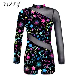 Kids Girls Printing Gymnastics Jumpsuit Ballet Dance Leotard Long Sleeve Mesh Patchwork Unitard Biketard Performance Costumes