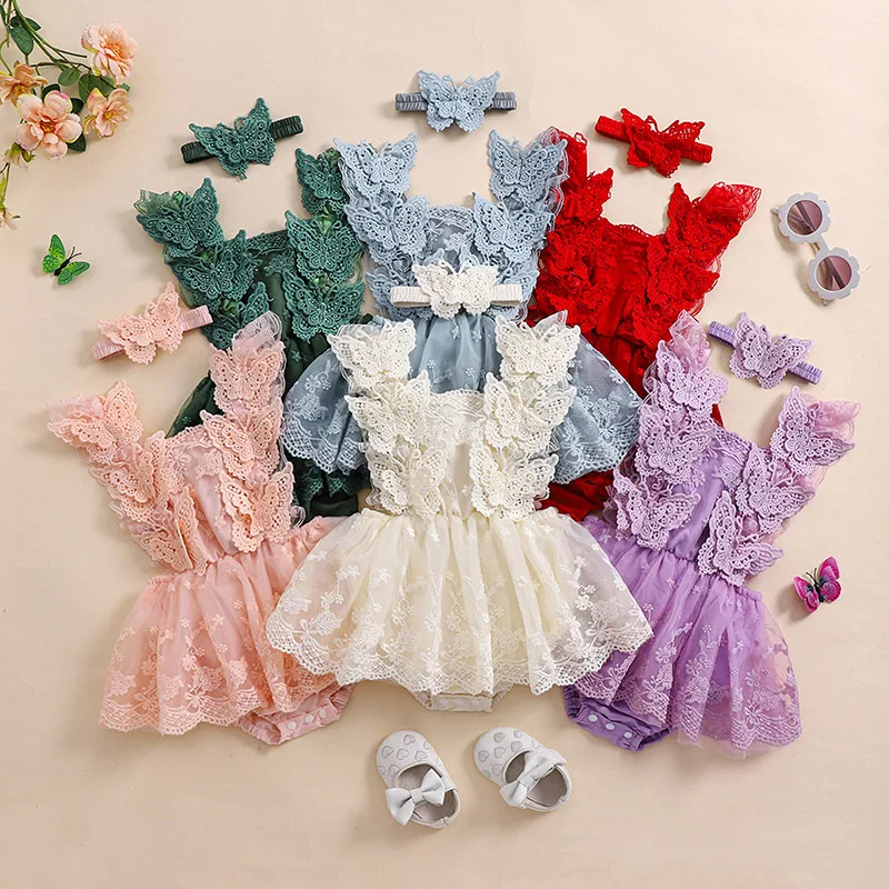 Infant Baby Girls Princess Rompers Dress Lace Butterfly Fly Sleeve Mesh Skirt Hem Jumpsuits with Headband Birthday Party Outfit 3